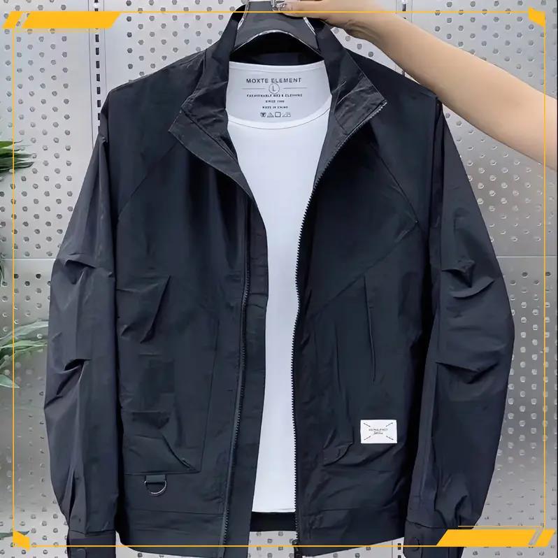 2023新款男士春秋休闲运动时尚潮流百搭透气户外纯色立领夹克外套