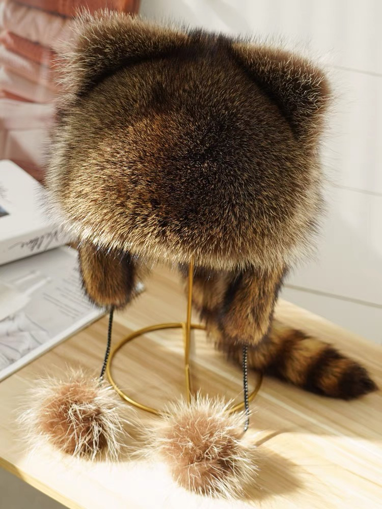 小浣熊护耳帽冬季保暖男女儿童亲子美洲貉带尾巴霸王帽雷锋帽