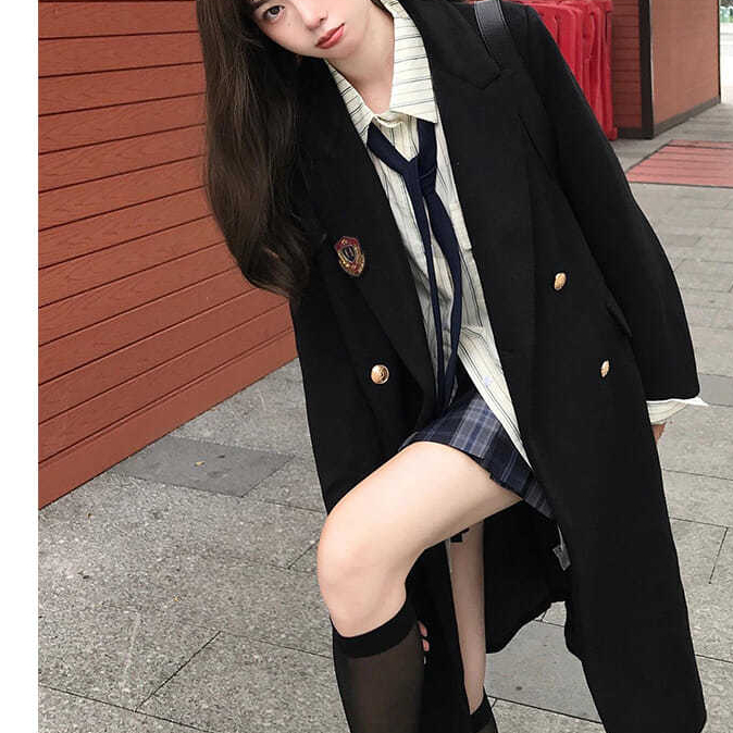 2023新款jk大衣中长款日系高校学生女徽章双排扣呢子学院风外套潮