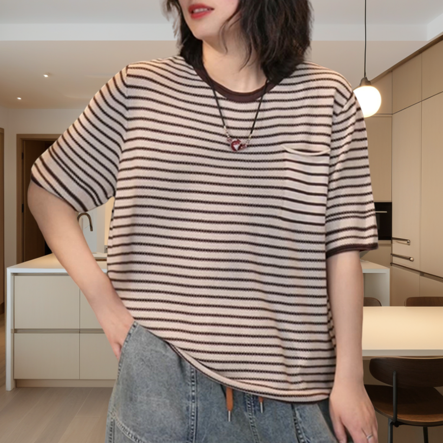 夏季大码撞色条纹小衫五分袖T恤百搭休闲宽松条纹圆领欧版棉线衣