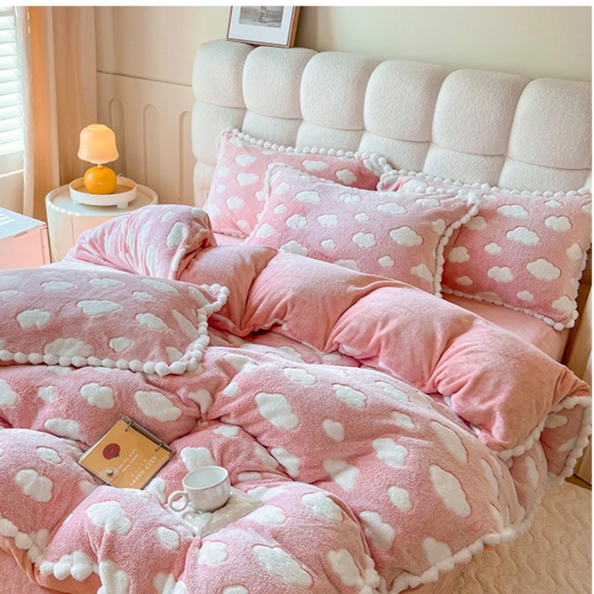 印花牛奶绒花边四件套床品双面云朵绒公主风小清新加厚亲肤三件套