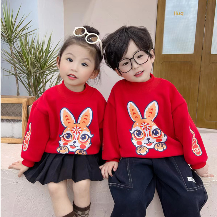 儿童加绒卫衣新款男童女童过年拜年衣服时髦新年兔子宝宝红色卫NB