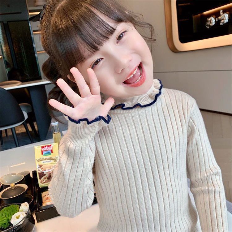 韩国女童针织打底衫2023秋冬新款木耳边高领洋气儿童保暖毛衣PF