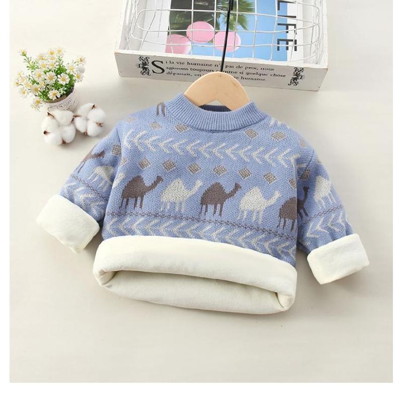 男童毛衣套头加绒秋冬新款中小童洋气男孩儿童一体绒针织打底衫MU