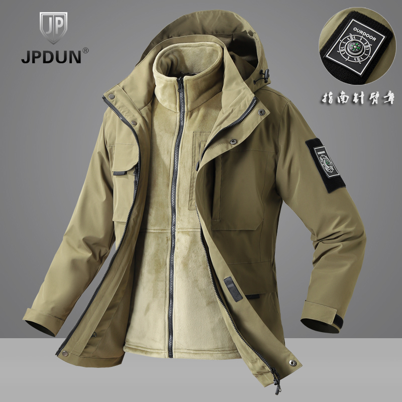  JPDUN三合一保暖户外风衣男士大码秋冬户外防风防水连帽登山外套