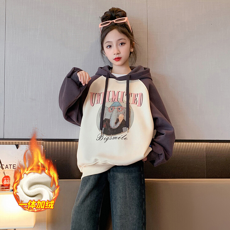 女童秋冬加绒连帽卫衣2023新款中大童冬季加厚女孩一体绒拼色上衣