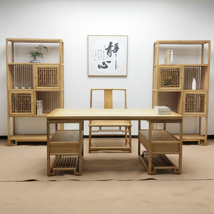 新中式胡桃木免漆禅意书桌椅组合实木书画案办公桌书架书房家具