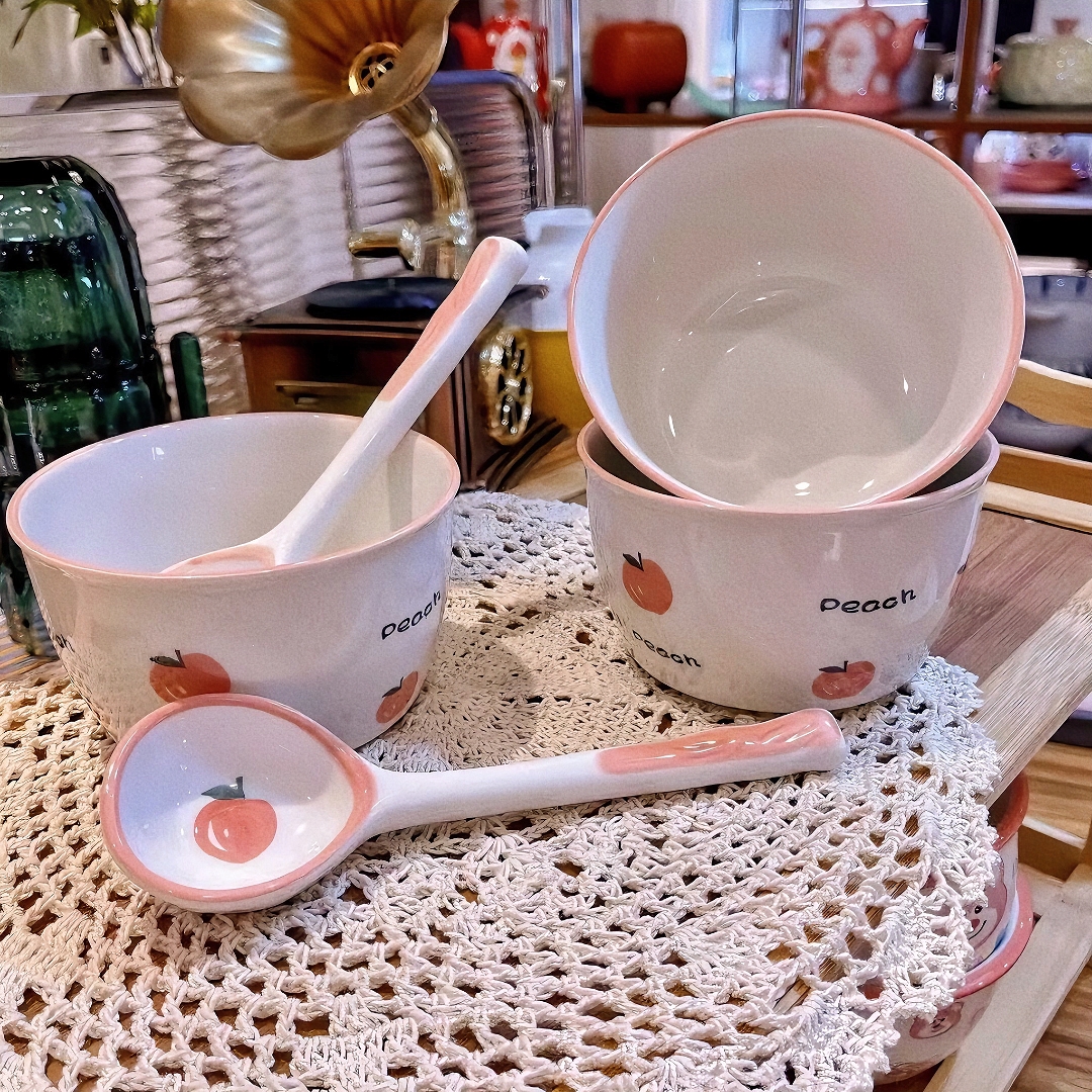 【2碗2勺】蜜桃米饭碗勺子陶瓷可爱小碗