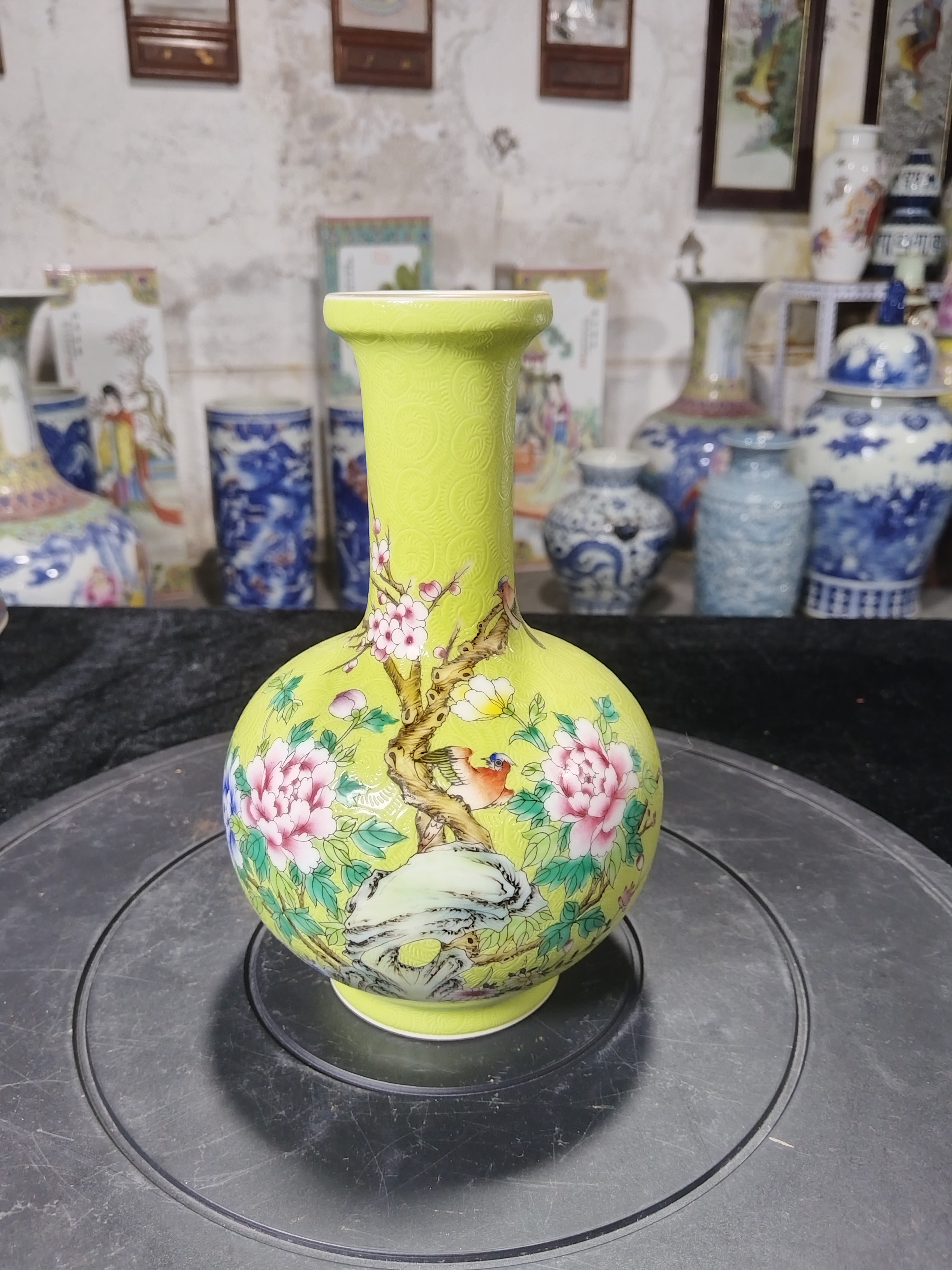 景德镇珐琅彩扒花锦鸡牡丹商品精品摆件重工珐琅