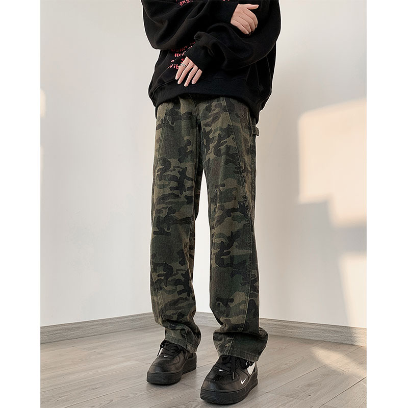 美式b01迷彩牛仔裤男士秋冬ootd伐木工装裤子潮牌加绒痞帅微喇裤