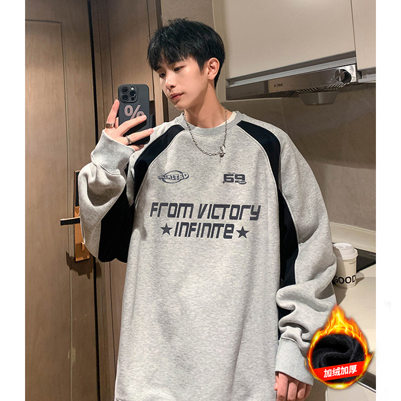 美式复古圆领卫衣男秋冬款拼色加绒加厚重磅上衣潮牌vintage外套