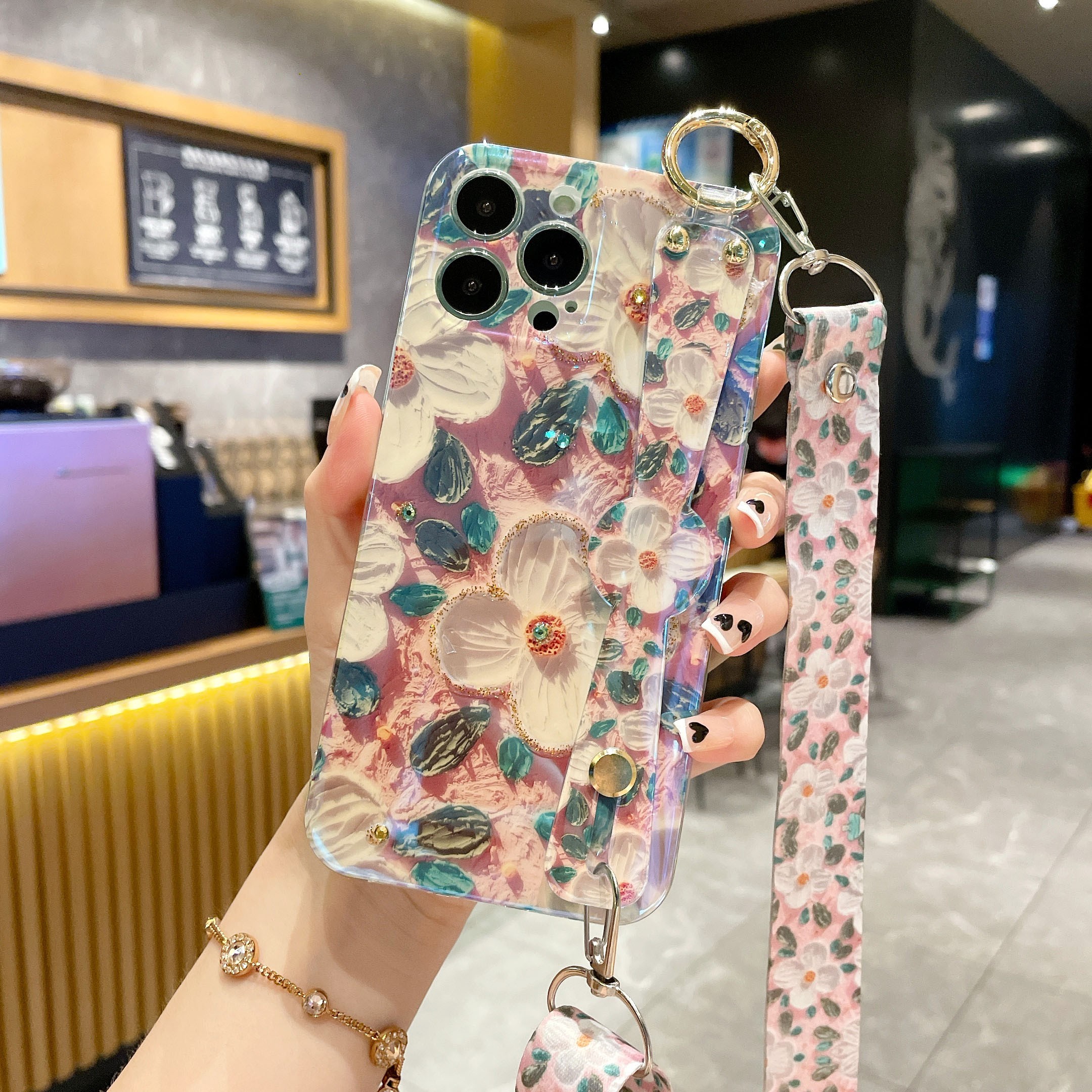 苹果华为oppo荣耀vivo新款腕带油画花朵防摔蓝光手机壳软iPhone14