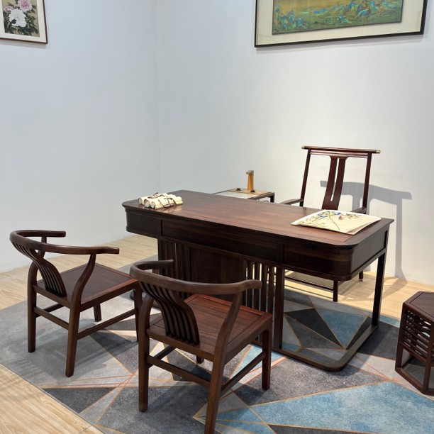 臻园实木Z-2#乌金木新中式实木大书桌茶桌平桌茶室书房