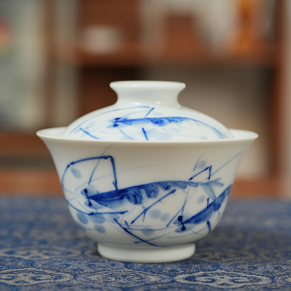 墨舍柴窑 写意虾趣盖碗  景德镇陶瓷手绘泡茶器纯手工 zjf187陶瓷