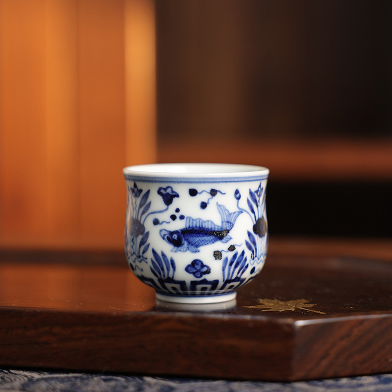 【墨舍柴窑】春风得意鱼藻一口杯（moshe601）景德镇陶瓷茶具茶杯手工