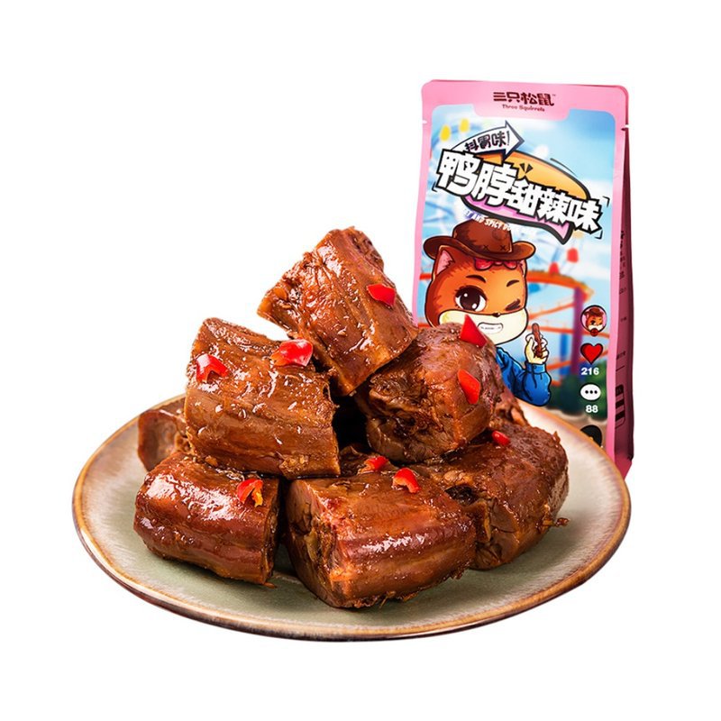 爆款零食三只松鼠鸭脖甜辣味154g休闲零食鸭肉肉脯卤味零食包邮