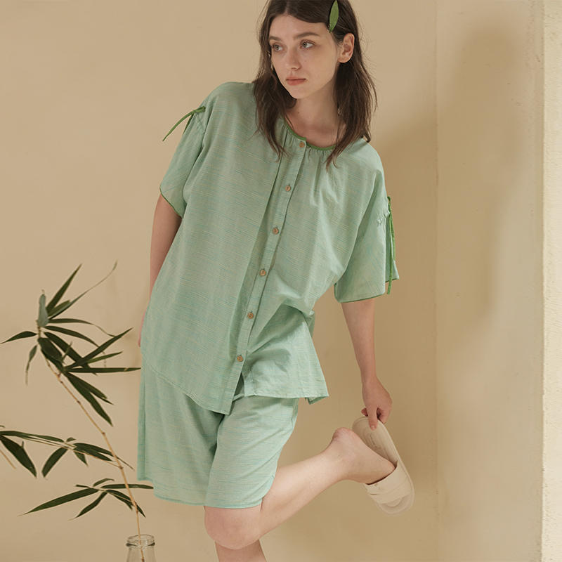朵朵可可睡衣女春夏棉麻圆领清爽简约短袖短裤家居服套装241DZ163