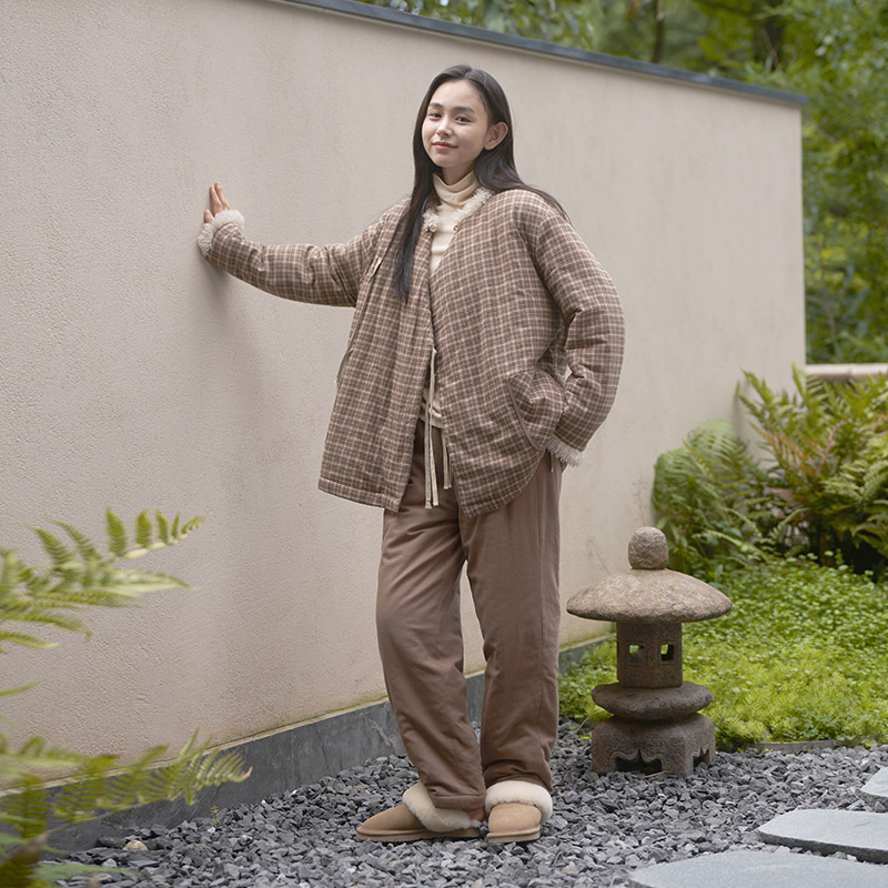 朵朵可可睡衣女穿冬季格子纯棉中国风加绒加厚夹棉家居服015