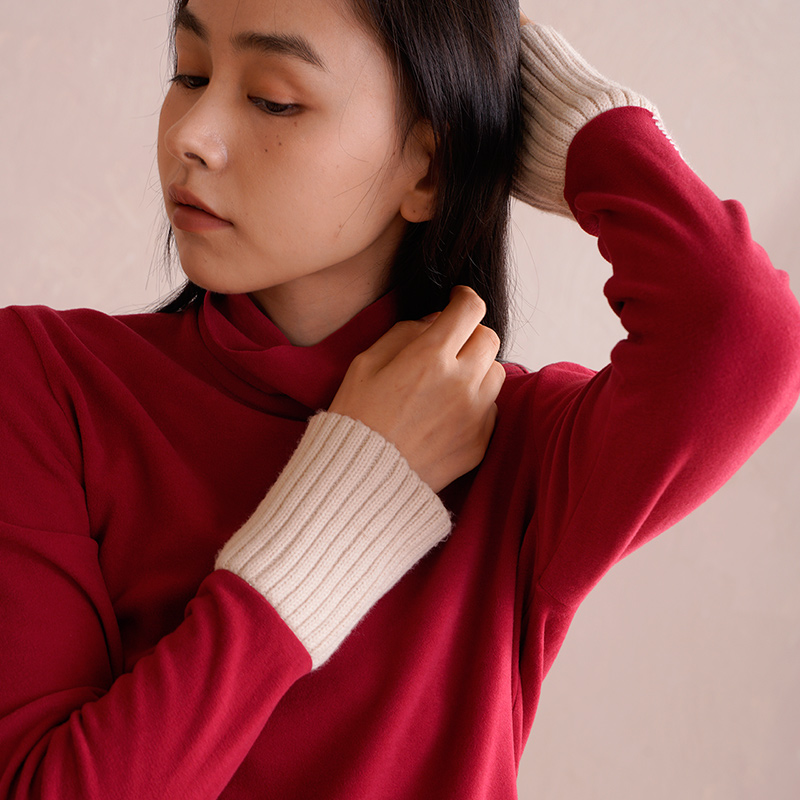 朵朵可可睡衣女秋冬新款针织高领德绒保暖舒暖绒拼接单上衣打底