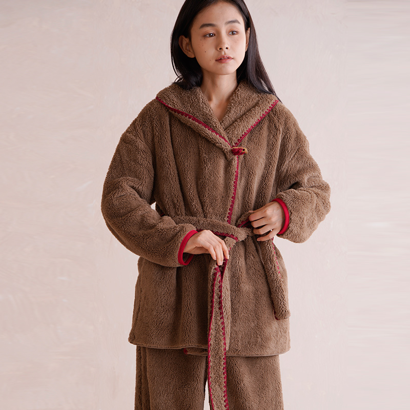 朵朵可可睡衣女士秋冬季新款珊瑚绒休闲保暖绑带加厚家居服套装