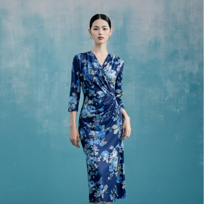 MY TENO/马天奴VDS032显瘦气质蓝色时尚复古春夏长款印花连衣裙