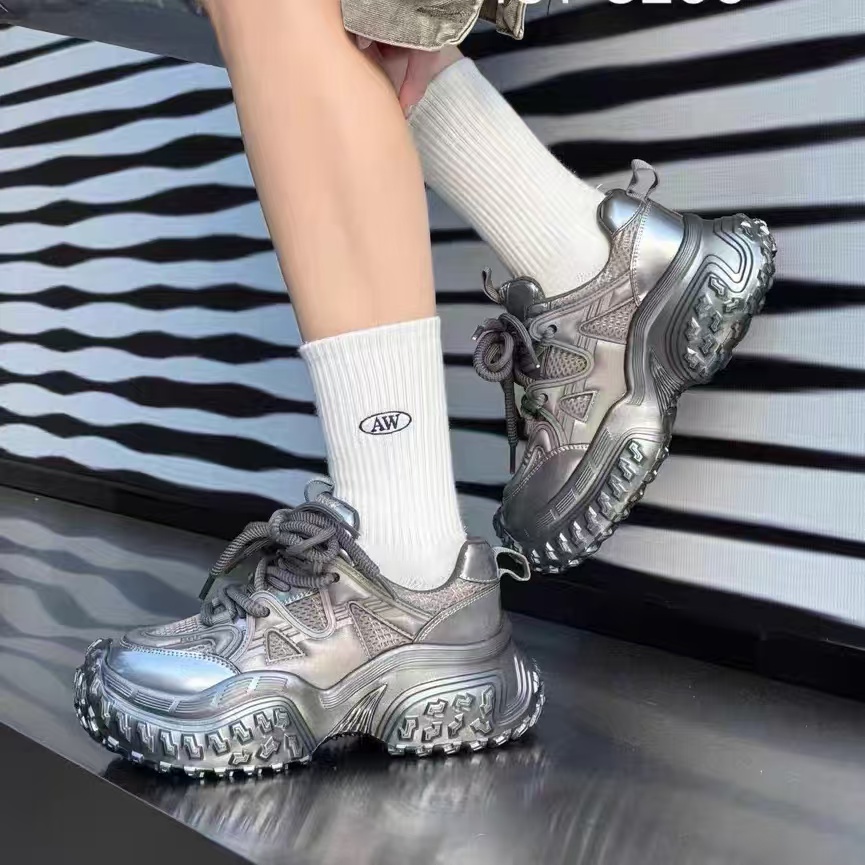 C783  枪色  时尚百搭厚底圆头系带女休闲阿甘鞋 老爹鞋