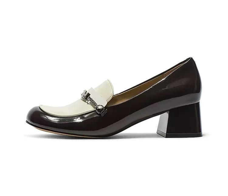 C948 咖/米白  高端时尚粗跟圆头中口浅口女单鞋 