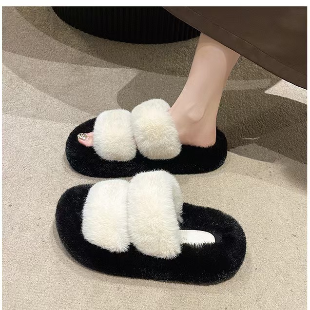 C857  黑/白 新款韩系时尚居家外穿毛毛拖鞋