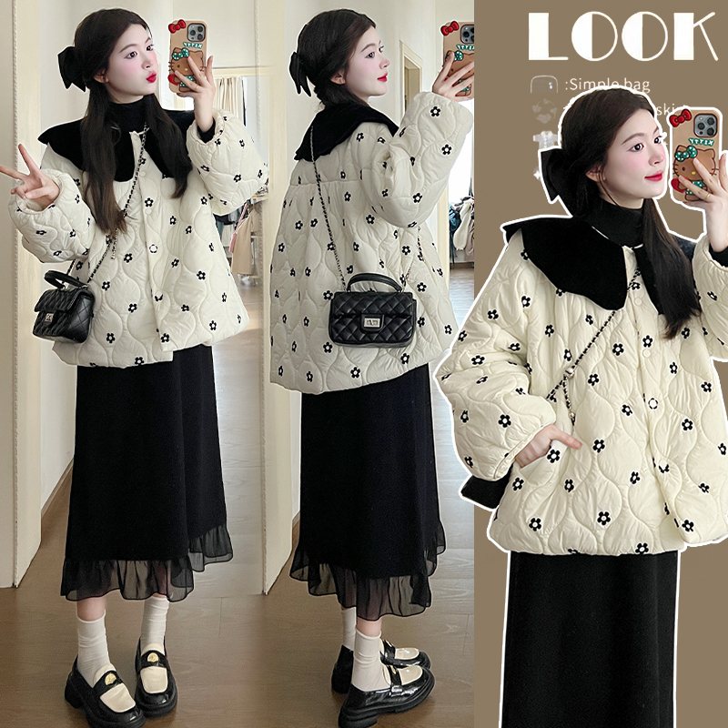 洋气撞色娃娃领小花棉服外套冬季孕妇套装中式国风过年保暖棉衣