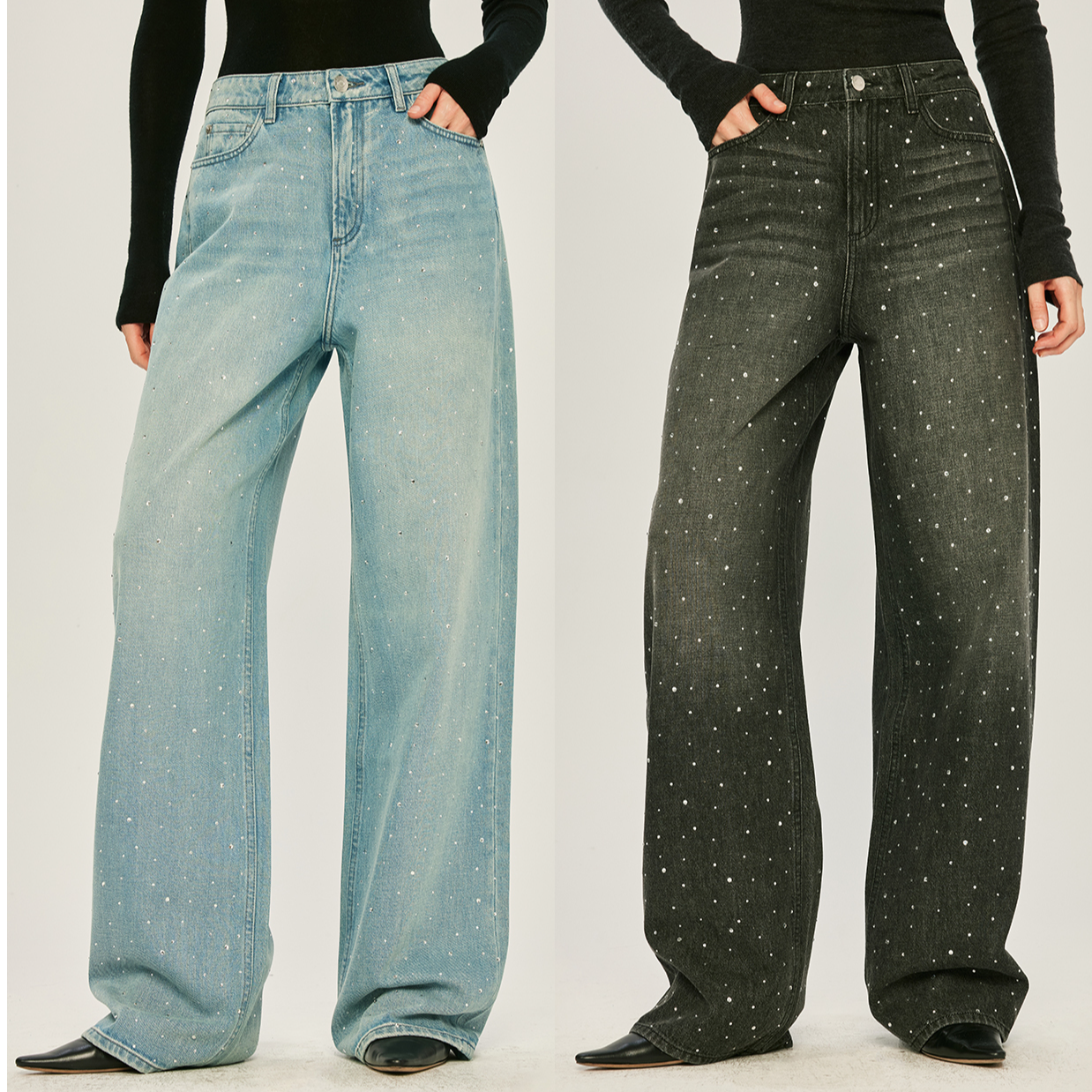 开间金标/欧洲进口 重磅高定 定位烫钻满天星时髦宽松直筒牛仔裤
