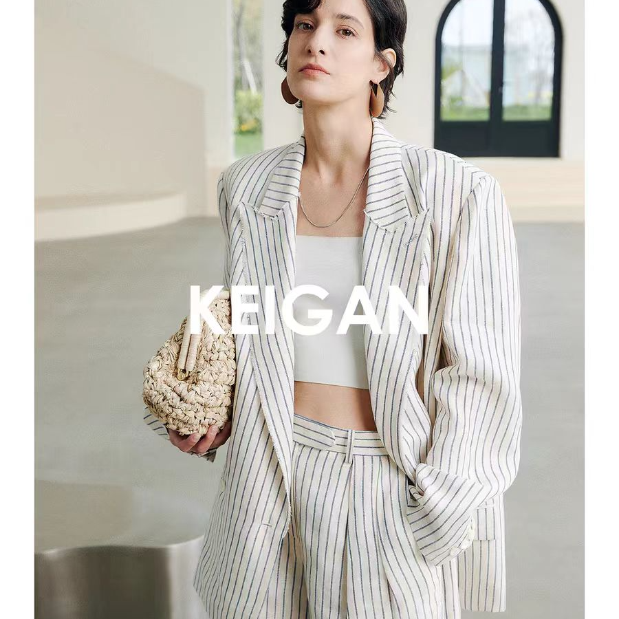 开间/定织亚麻色织条纹清凉透气毛边领长/短廓形防晒西服套装