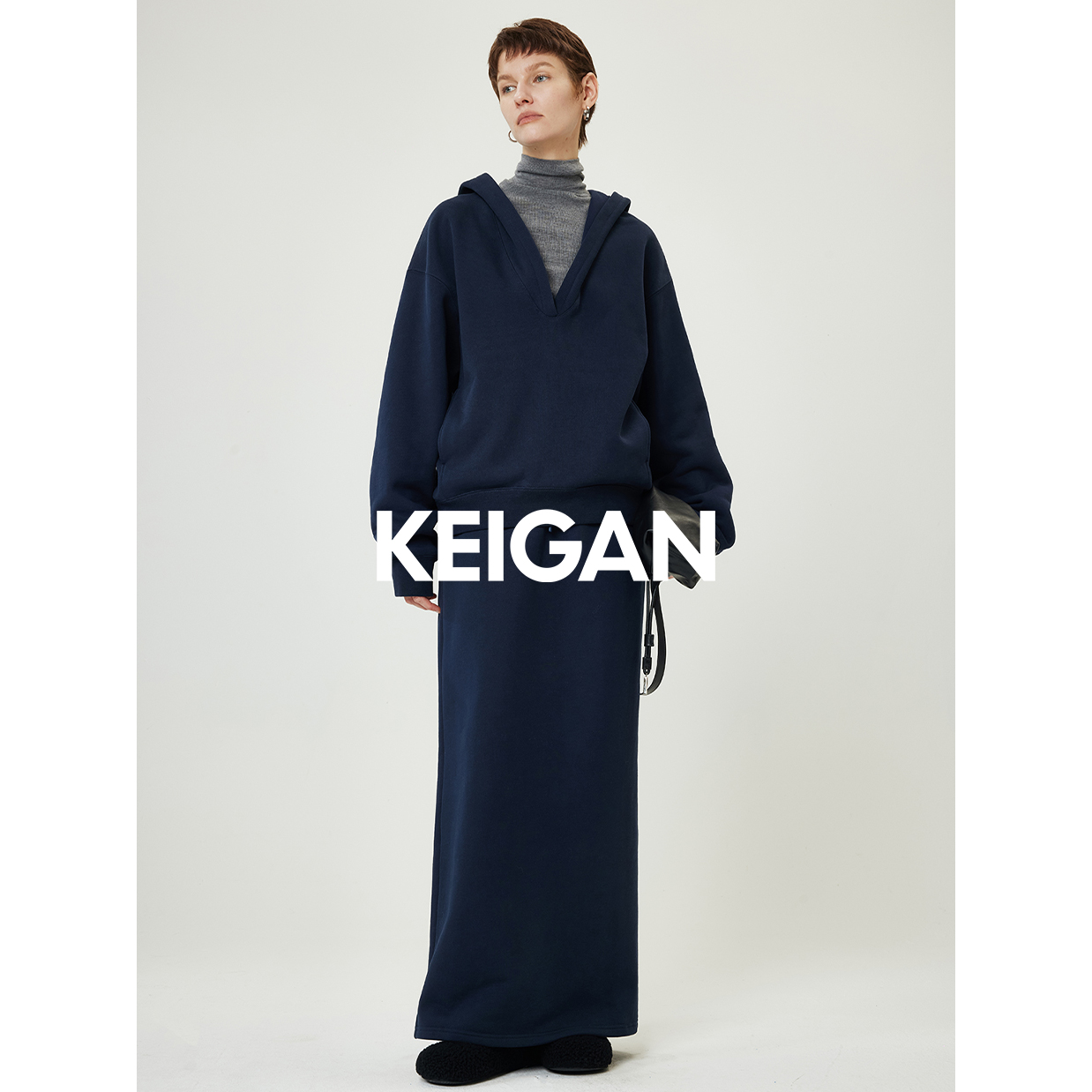 开间/懒人B入轻柔温暖澳洲长绒棉 拉链领深V连帽磨绒卫衣半裙套装