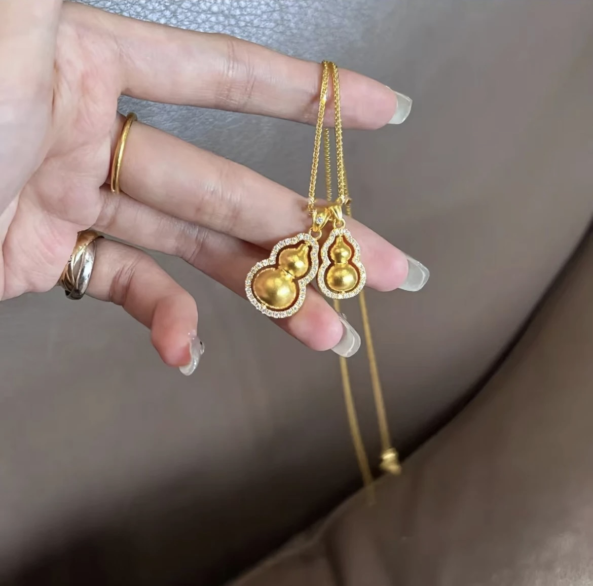 铜合金吊坠 007韦雪同款高保色古法镶钻葫芦吊坠  叠戴双葫芦项链