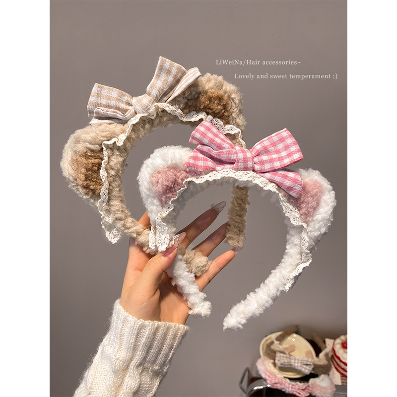 网红超仙甜美蝴蝶结小熊发箍洗脸毛绒头箍2023年秋冬新款发卡格子