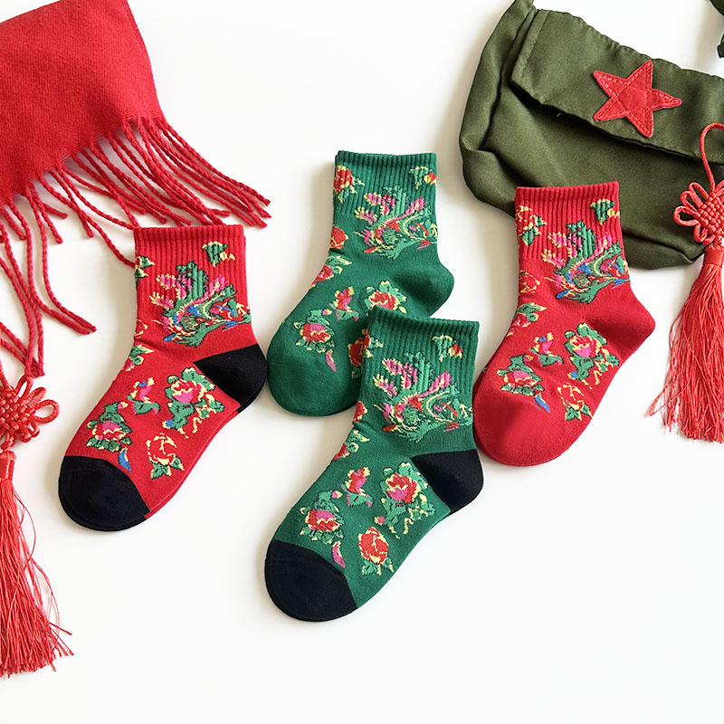 东北大花袜子爱嘀嗒儿童袜子秋冬季复古风大花中高筒男童女童潮袜