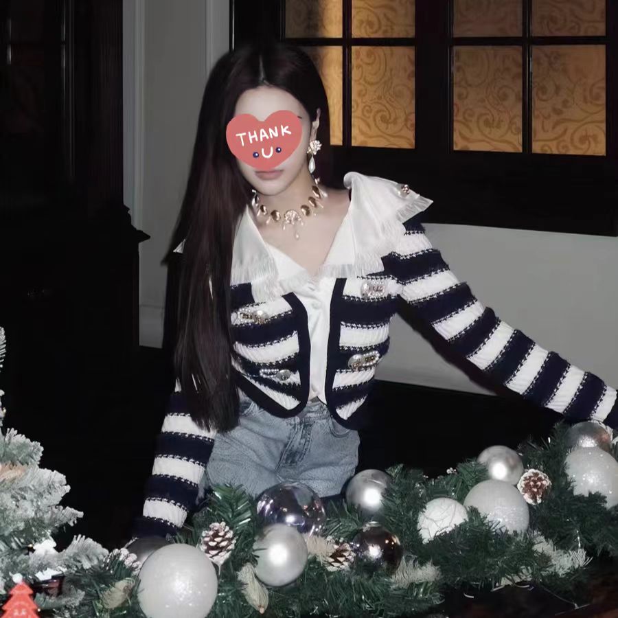 小香风娃娃领条纹毛衣外套女秋冬超好看漂亮减龄气质上衣W9434