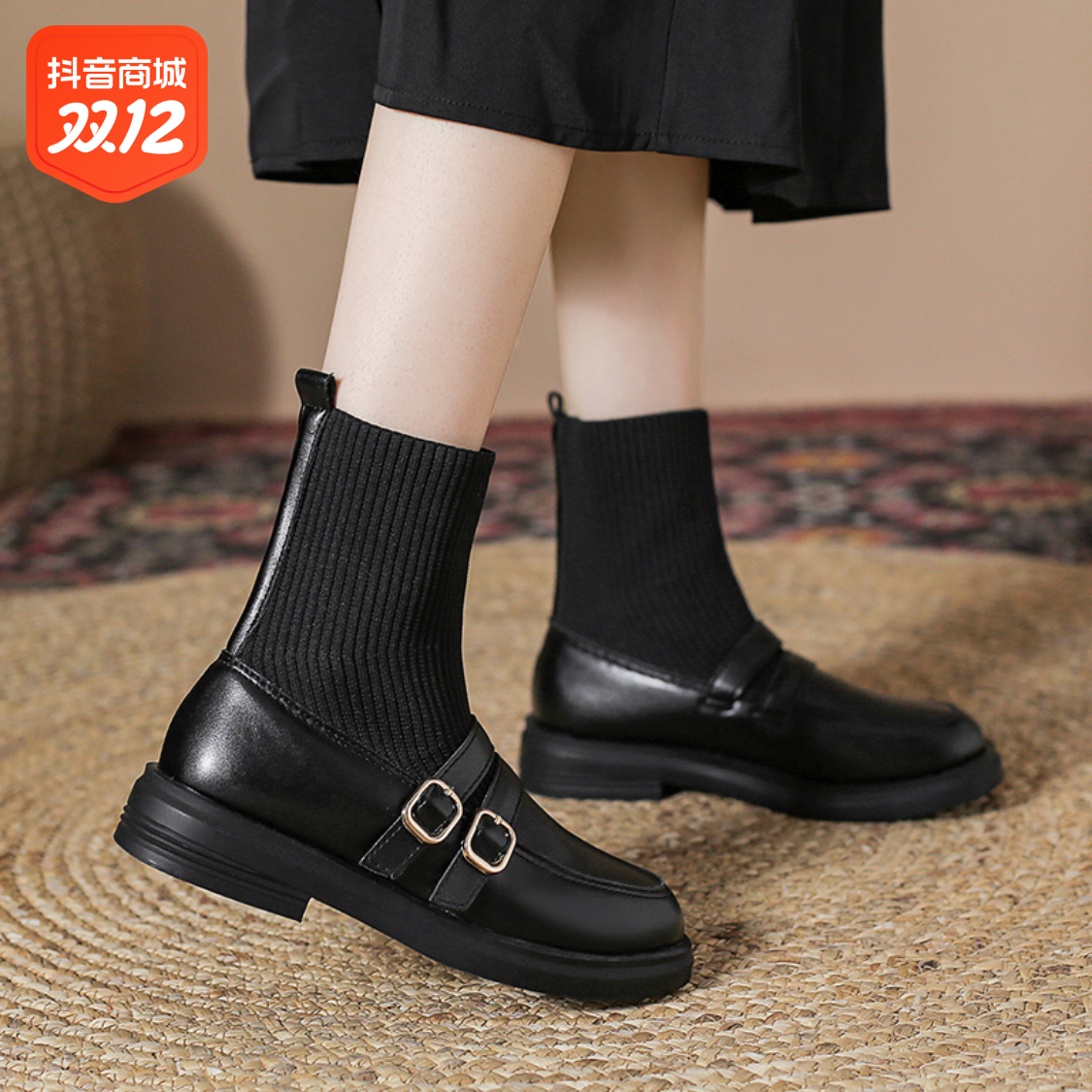 红蜻蜓牌瑞袜子靴短靴女2023新款秋冬保暖连袜马丁靴针织弹力小皮