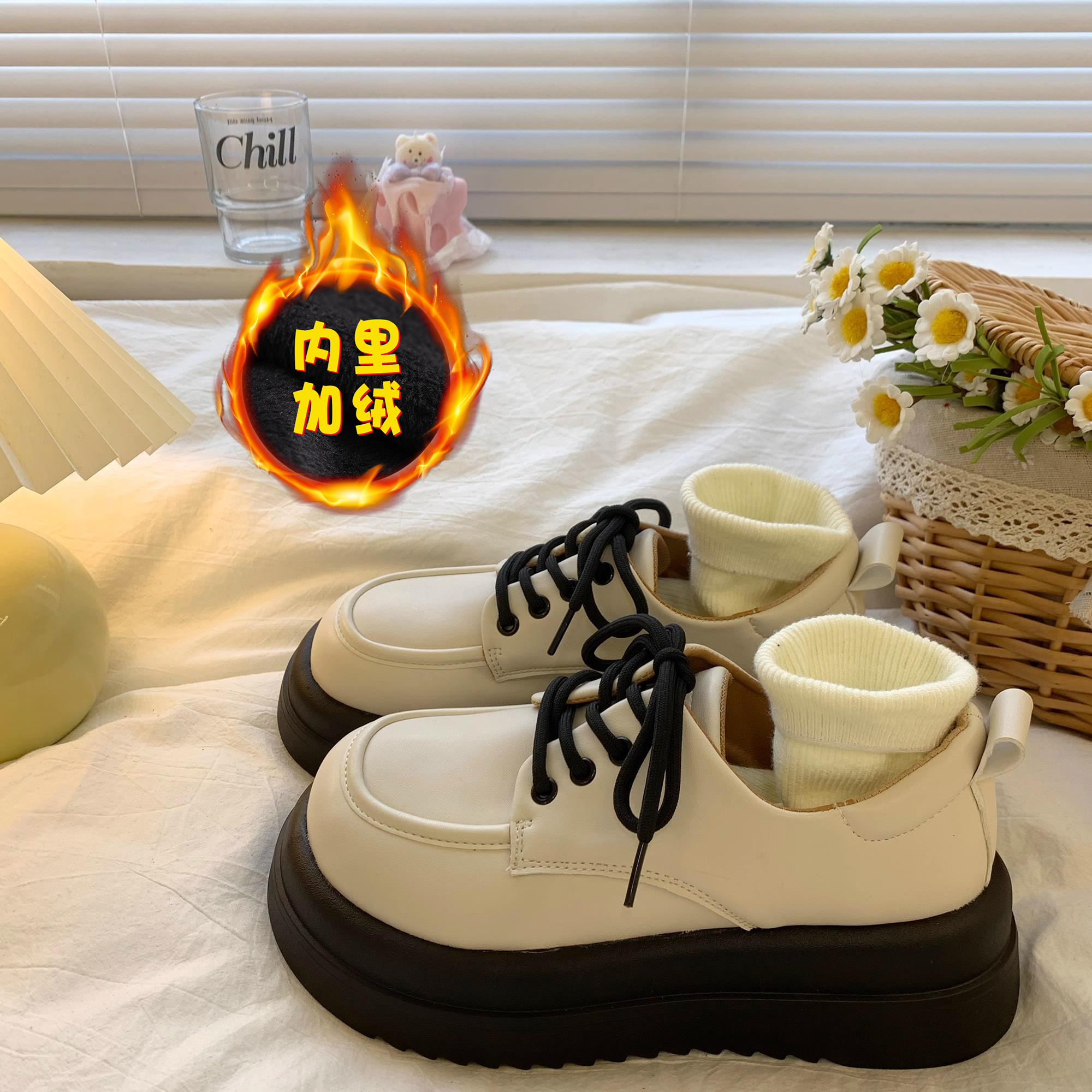 红蜻蜓牌加绒皮鞋女款英伦风150矮个子厚底增高5厘米学院风乐福鞋