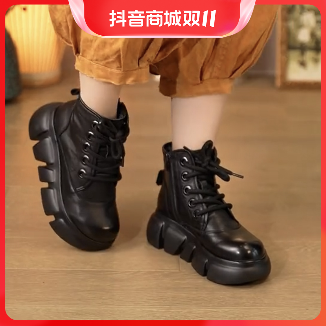 红蜻蜓牌真皮马丁靴女2023爆款圆头高颜值短靴厚底时尚大气单靴