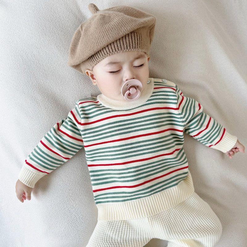 冬季爆款韩气婴幼儿洋气秋冬婴儿衣服条纹针织男女宝宝圆领小童毛