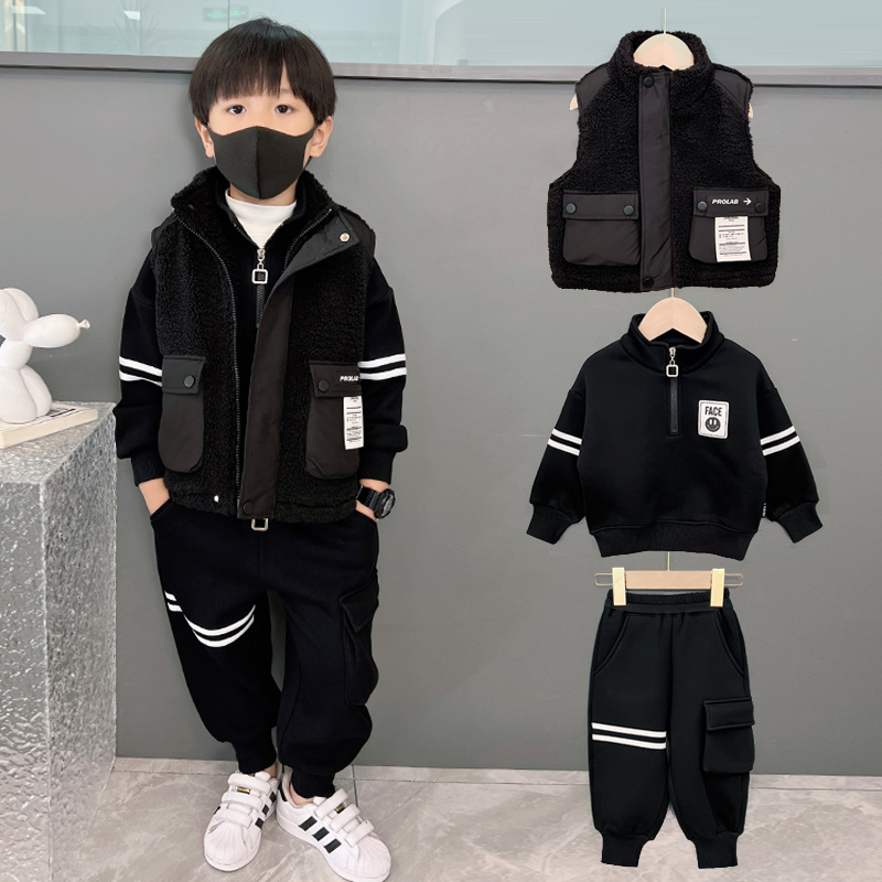 男童马甲套装2023冬装加绒新款儿童韩版洋气时尚加厚三件套童装潮