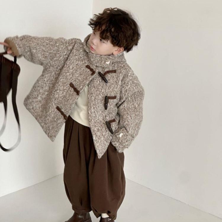 优选男童冬装套装2023新款儿童韩系奶咖加厚毛呢外套加绒休闲裤