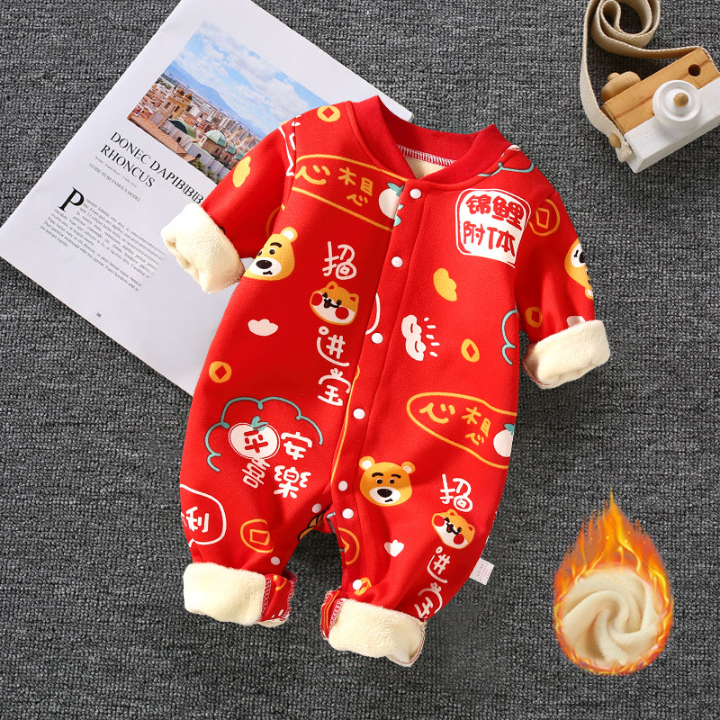 婴儿新款加绒连体哈衣男宝爬服女宝秋冬新生儿加厚保暖外出服抱衣