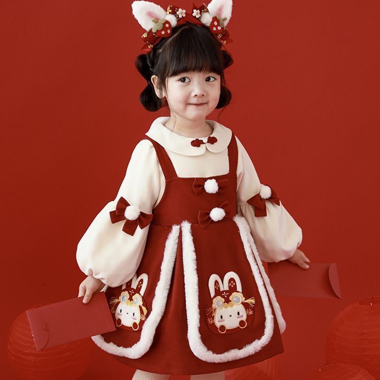 新款冬季背带裙周岁礼服女套装中国红加绒女宝宝公主裙兔年拜年D