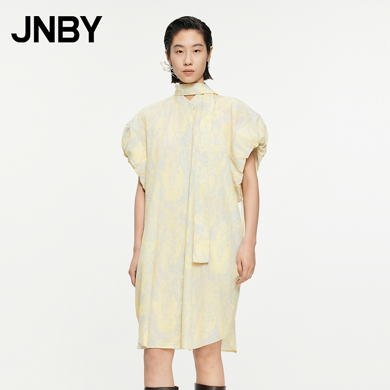 JNBY/江南布衣春秋季女装连衣裙棉质宽松圆领菱形纹碎花图案裙子