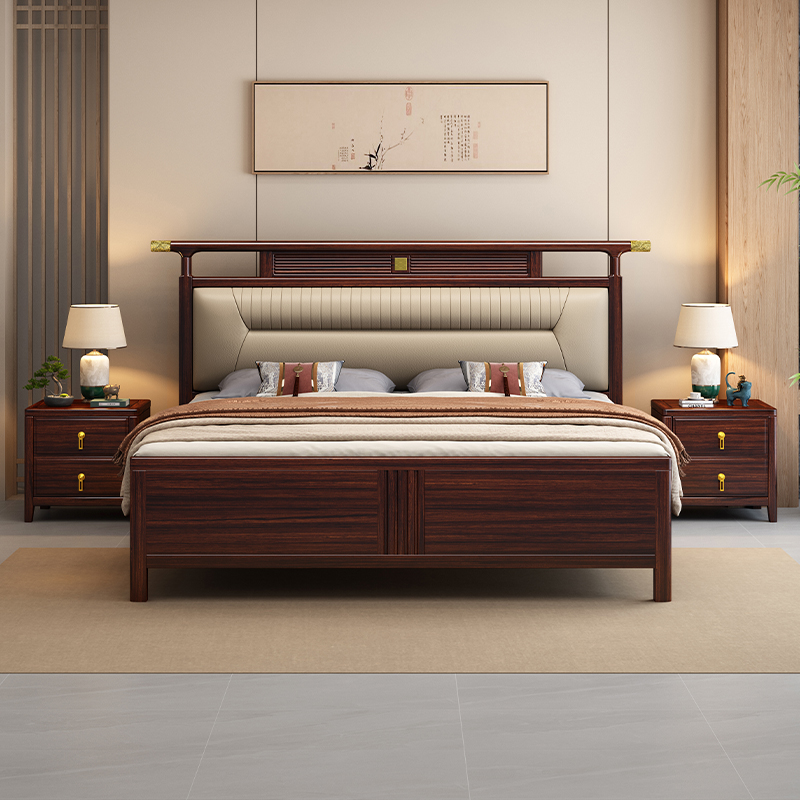 新中式乌金木实木床厂家直销简约1.8米1.5M储物主卧婚床卧室家具
