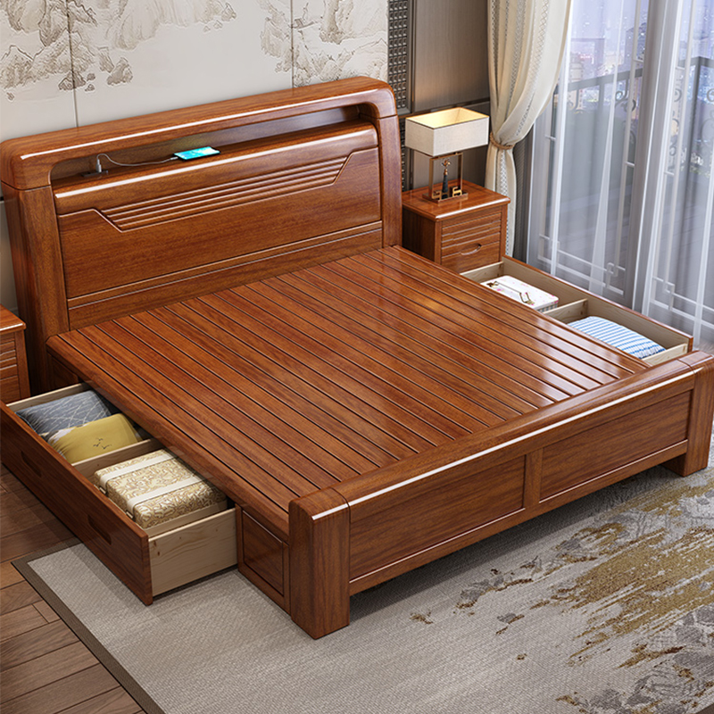胡桃木实木床现代简约1.8米双人床可充电多功能加厚储物新中式床