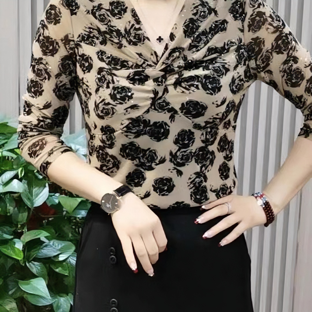 2024早秋冬新款显瘦长袖百搭印花洋气气质修身打底上衣