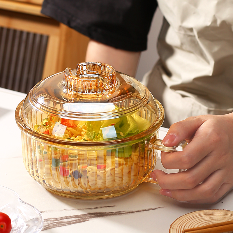 【8.9元泡面碗】琥珀色玻璃双耳带盖沙拉碗家用汤碗透明玻璃碗大