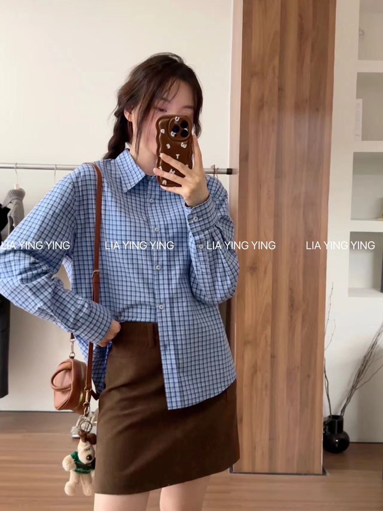 【月光手书】淡人穿搭～超火复古Miu男友风蓝色小格子衬衫长袖衬衣